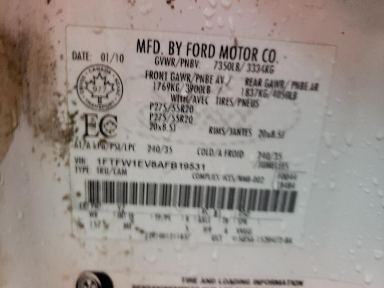 Photo 10 from auction – 2010 FORD F150 SUPER with VIN 1FTFW1EV8AFB19531