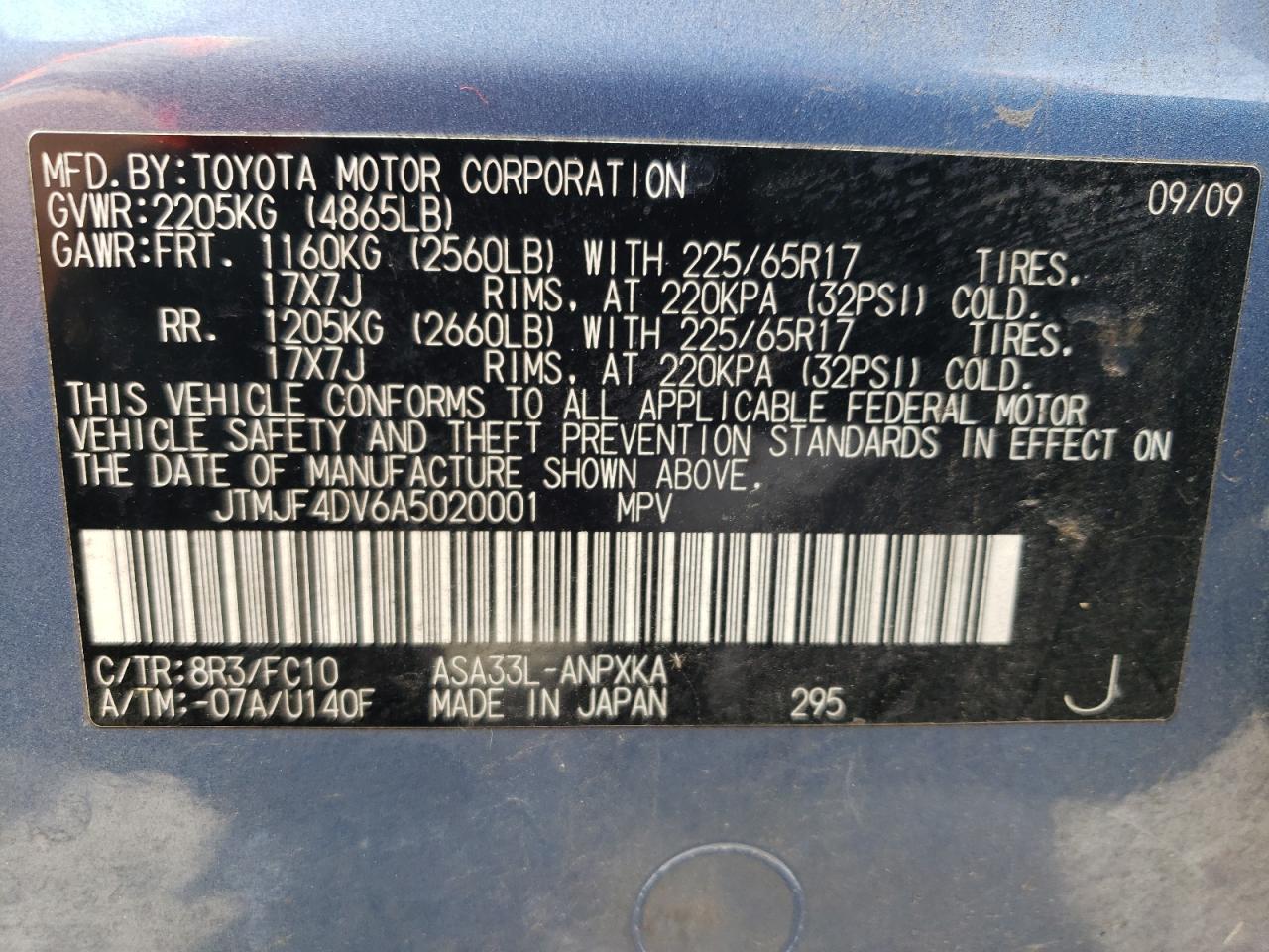 Photo 10 from auction – 2010 TOYOTA RAV4 with VIN JTMJF4DV6A5020001