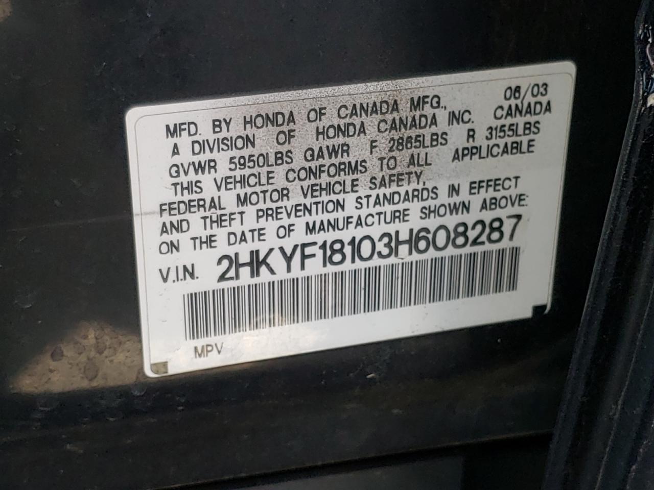 Photo 11 from auction – 2003 HONDA PILOT LX with VIN 2HKYF18103H608287