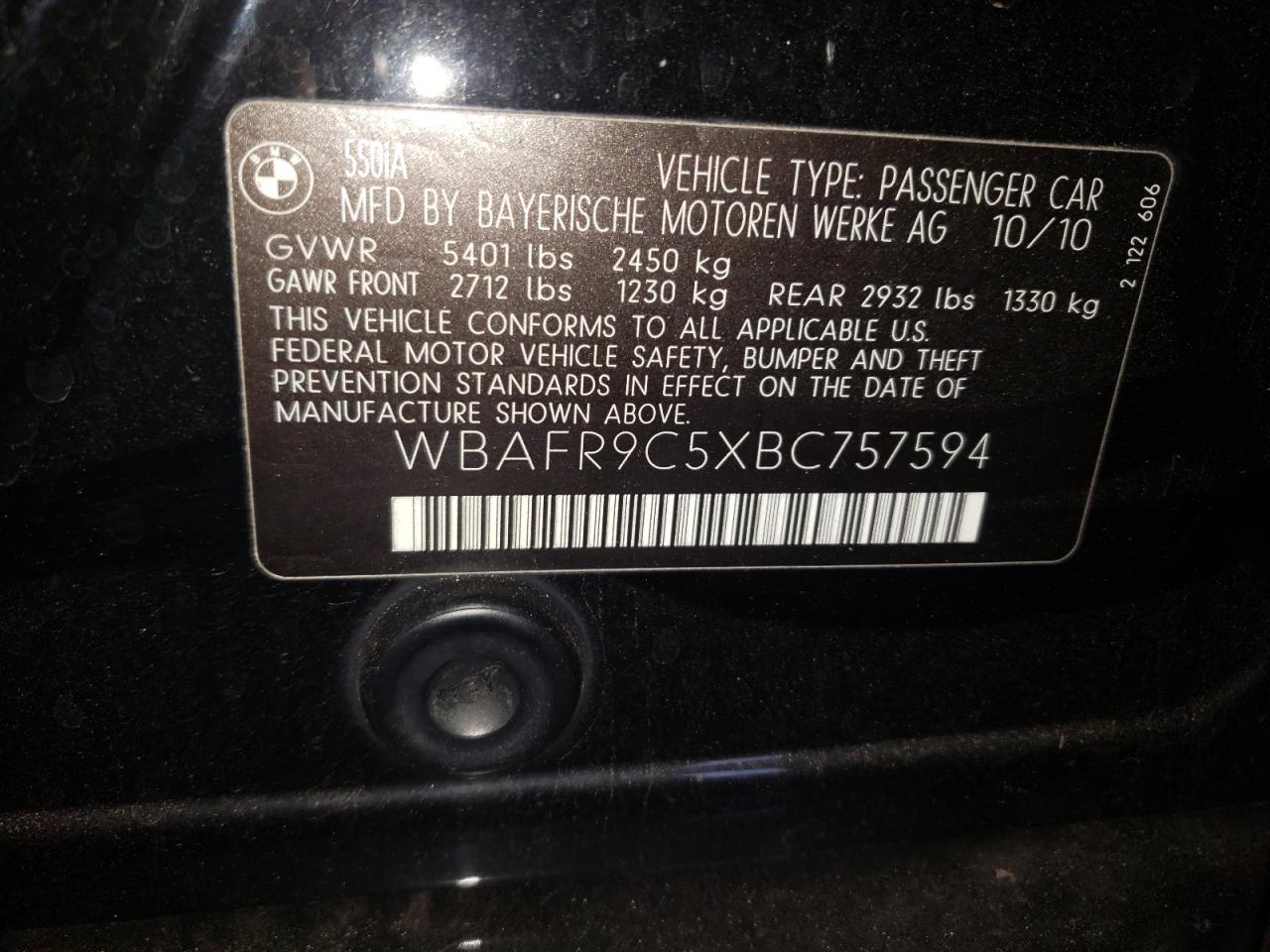 Photo 10 from auction – 2011 BMW 550 I with VIN WBAFR9C5XBC757594