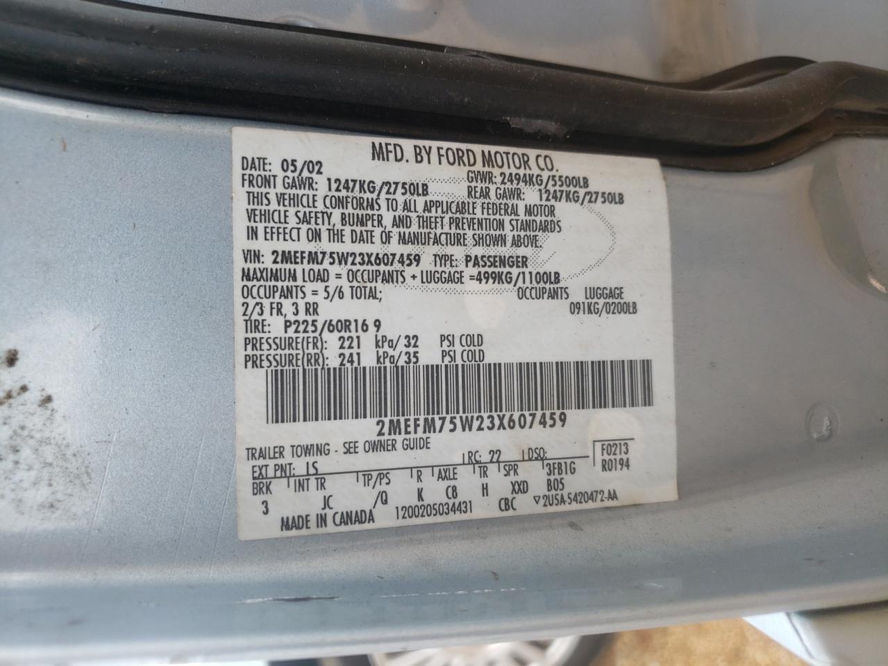 Photo 10 from auction – 2003 MERCURY GRAND MARQ with VIN 2MEFM75W23X607459