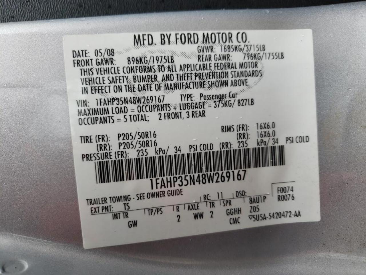 Photo 10 from auction – 2008 FORD FOCUS SE with VIN 1FAHP35N48W269167
