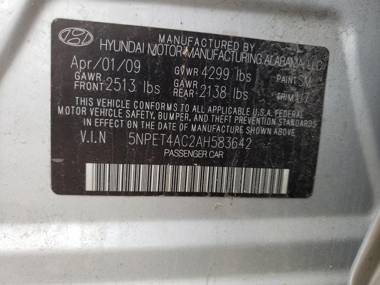 Photo 10 from auction – 2010 HYUNDAI SONATA GLS with VIN 5NPET4AC2AH583642