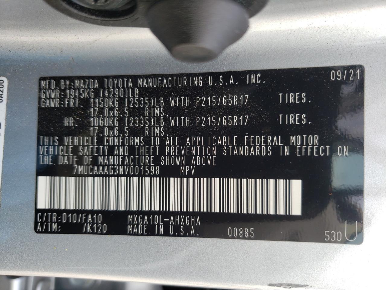 Photo 10 from auction – 2022 TOYOTA COROLLA CR with VIN 7MUCAAAG3NV001598