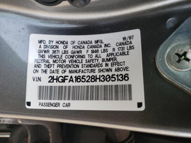 Photo 10 from auction – 2008 HONDA CIVIC LX with VIN 2HGFA16528H305136