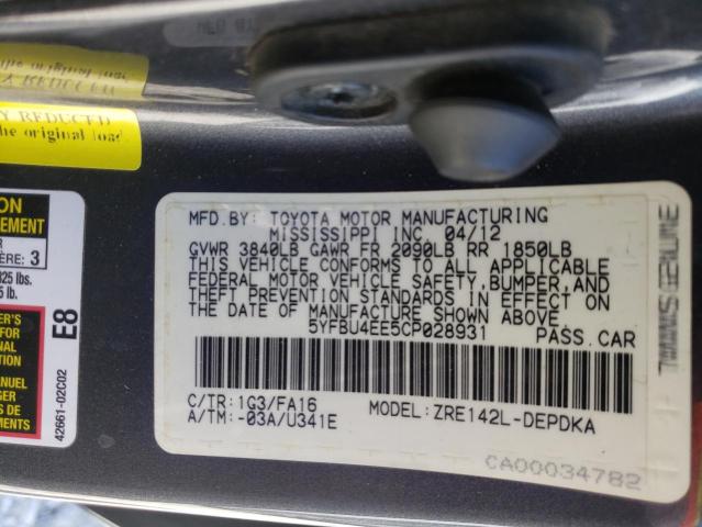 Photo 10 from auction – 2012 TOYOTA COROLLA BA with VIN 5YFBU4EE5CP028931