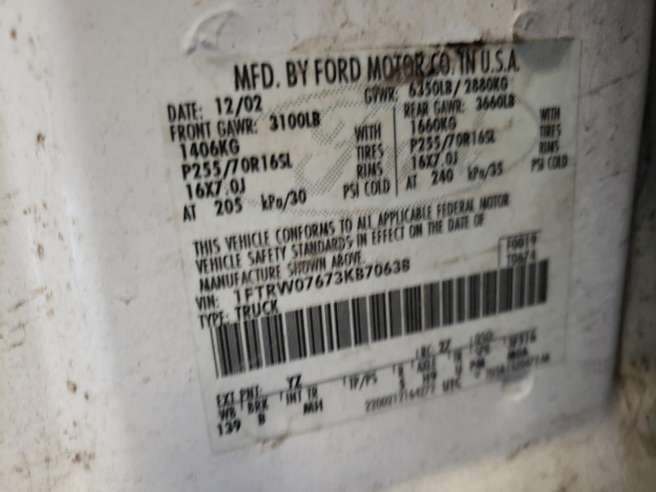 Photo 10 from auction – 2003 FORD F150 SUPER with VIN 1FTRW07673KB70638