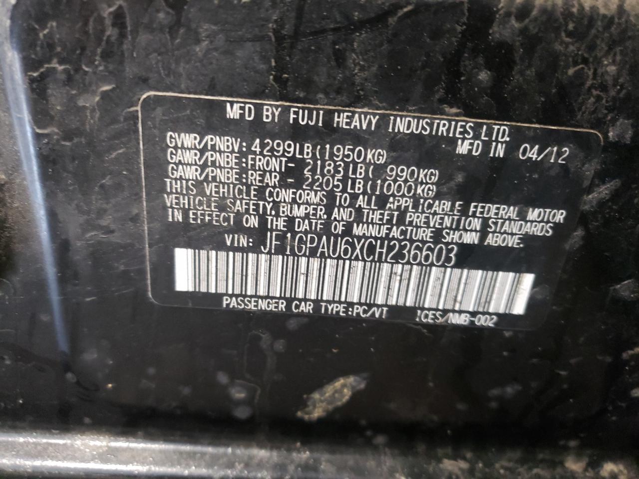 Photo 11 from auction – 2012 SUBARU IMPREZA SP with VIN JF1GPAU6XCH236603
