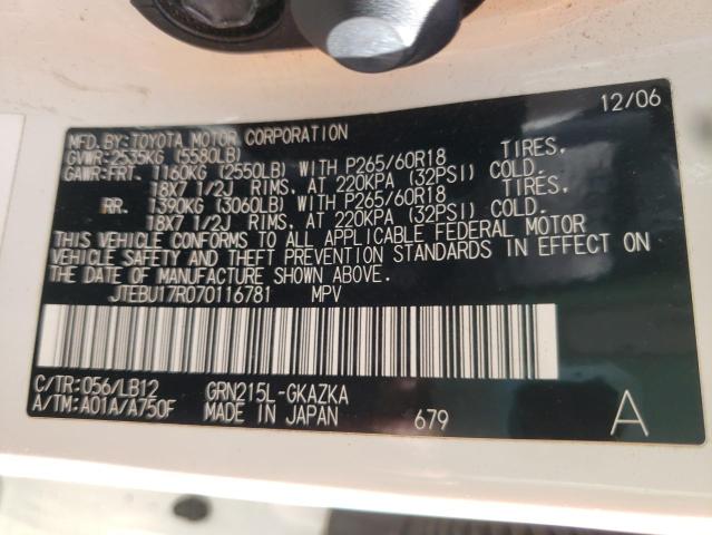 Photo 10 from auction – 2007 TOYOTA 4RUNNER LI with VIN JTEBU17R070116781