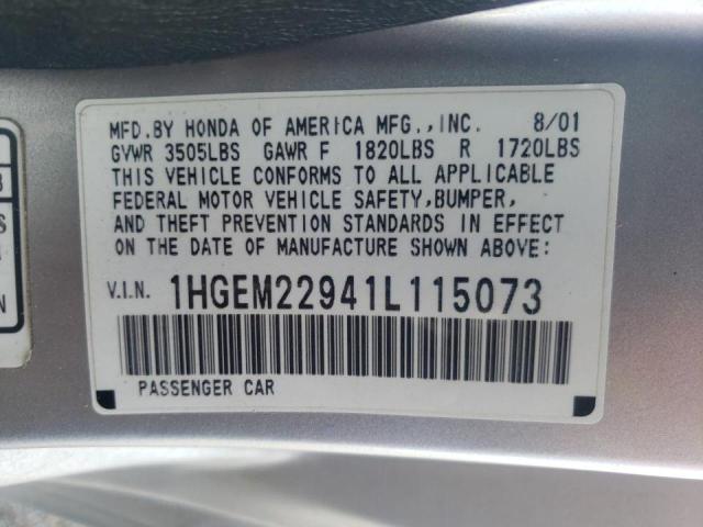 Photo 10 from auction – 2001 HONDA CIVIC SI with VIN 1HGEM22941L115073