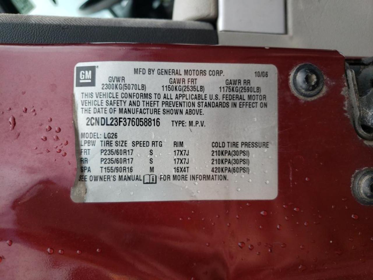 Photo 10 from auction – 2007 CHEVROLET EQUINOX LS with VIN 2CNDL23F376058816