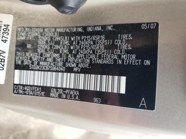Photo 10 from auction – 2007 TOYOTA SIENNA CE with VIN 5TDZK23C87S064040