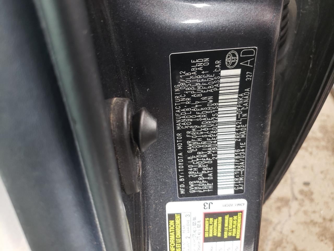 Photo 10 from auction – 2013 TOYOTA COROLLA BA with VIN 2T1BU4EE6DC925158