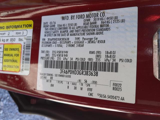 Photo 10 from auction – 2016 FORD FUSION SE with VIN 3FA6P0HD3GR383638