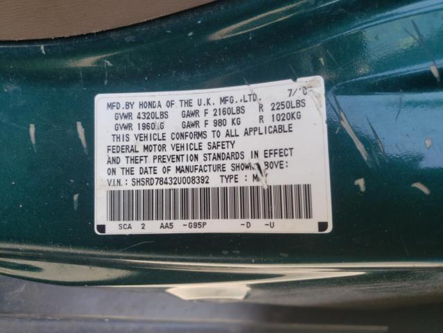 Photo 10 from auction – 2002 HONDA CR-V LX with VIN SHSRD78432U008392