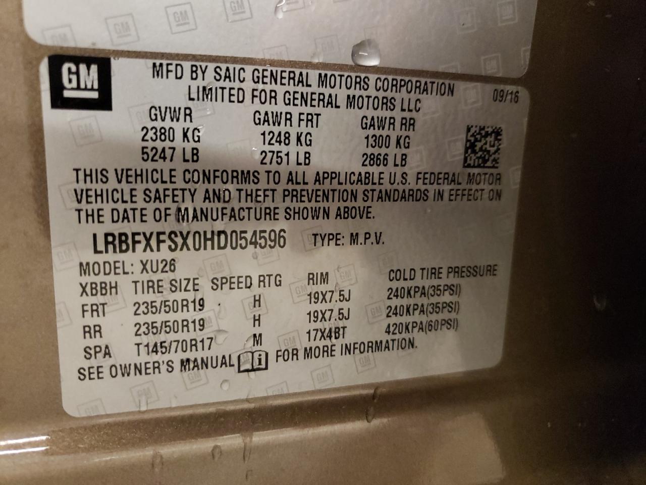 Photo 10 from auction – 2017 BUICK ENVISION P with VIN LRBFXFSX0HD054596