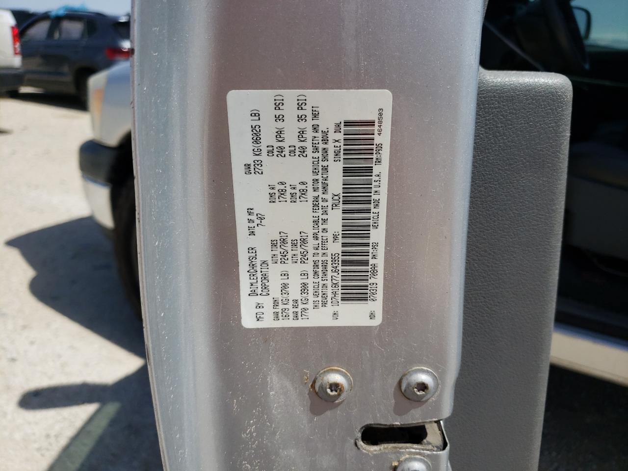 Photo 10 from auction – 2007 DODGE RAM 1500 S with VIN 1D7HA16K77J643955