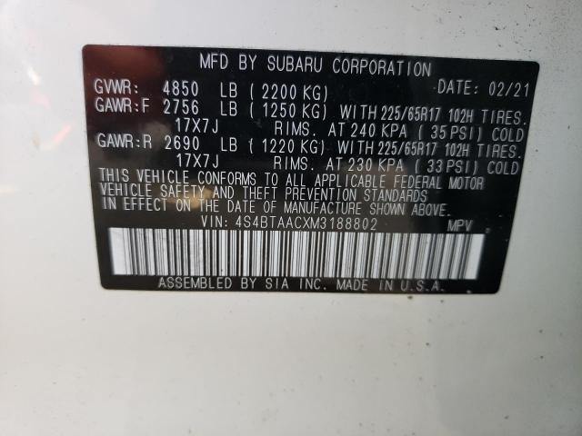Photo 10 from auction – 2021 SUBARU OUTBACK with VIN 4S4BTAACXM3188802