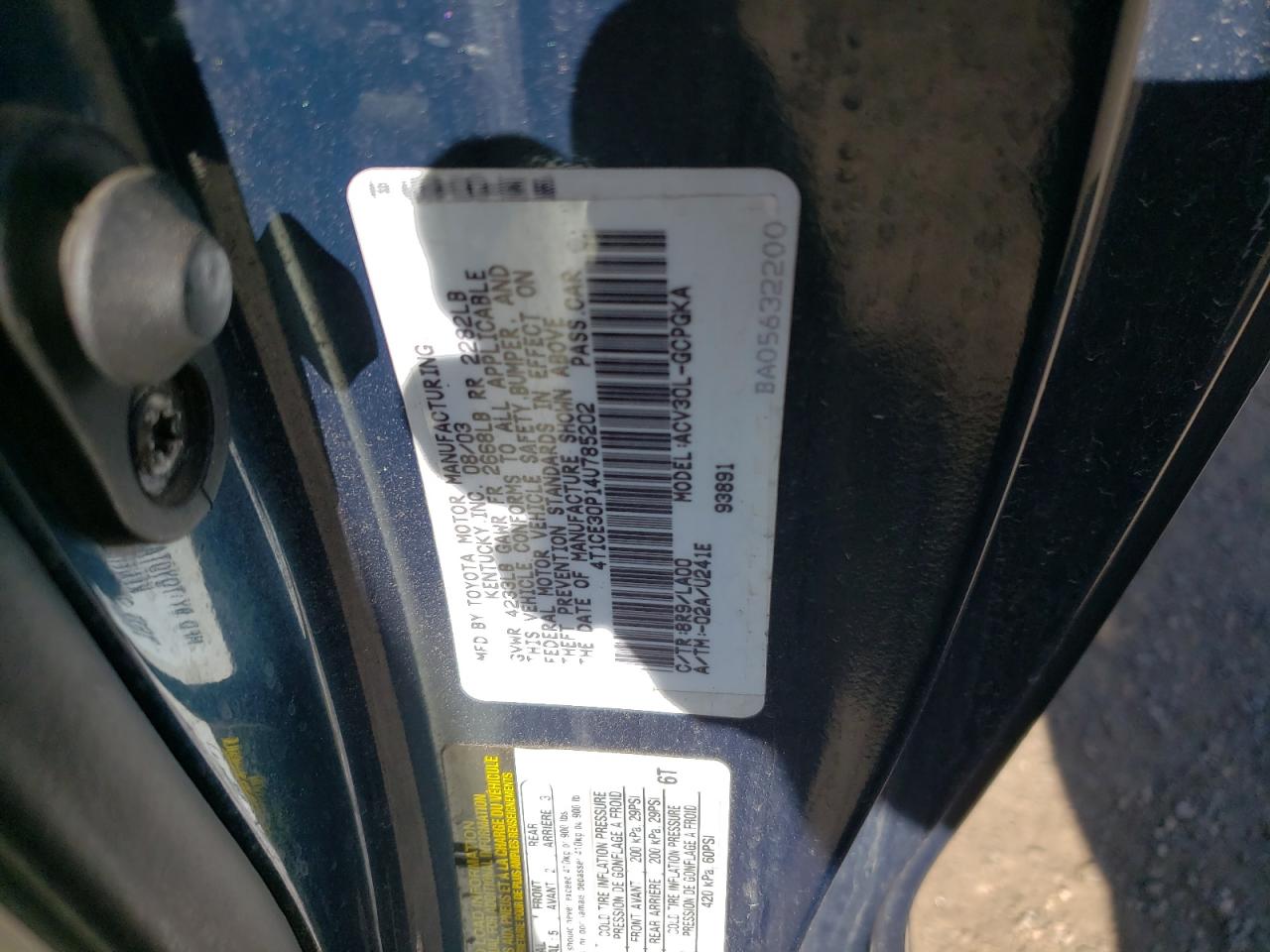Photo 11 from auction – 2004 TOYOTA CAMRY SOLA with VIN 4T1CE30P14U785202