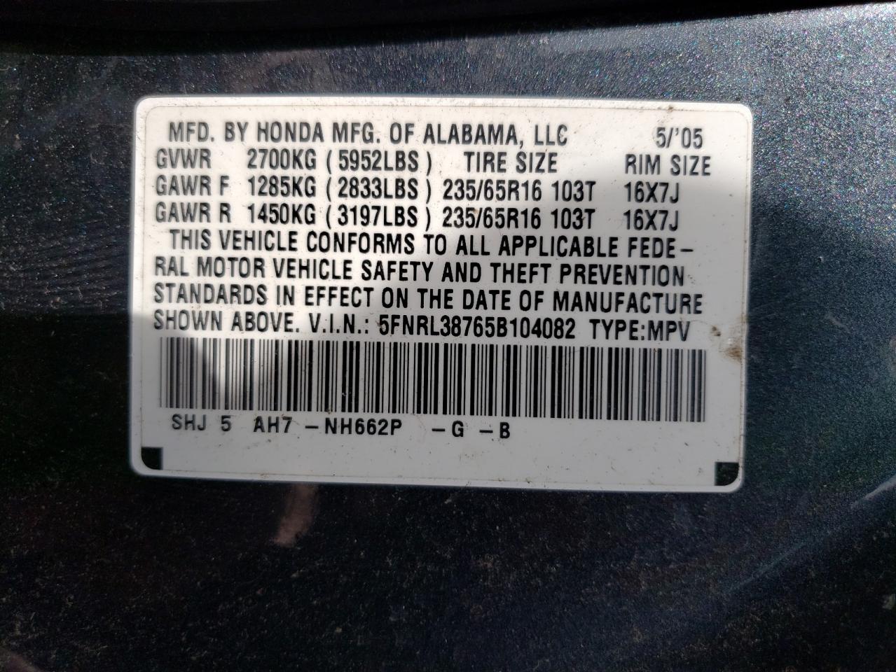 Photo 10 from auction – 2005 HONDA ODYSSEY EX with VIN 5FNRL38765B104082
