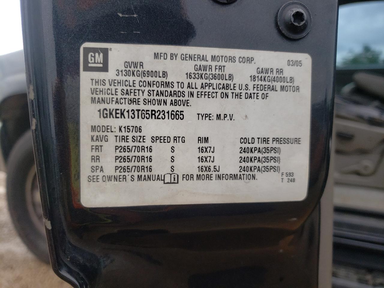 Photo 10 from auction – 2005 GMC YUKON with VIN 1GKEK13T65R231665