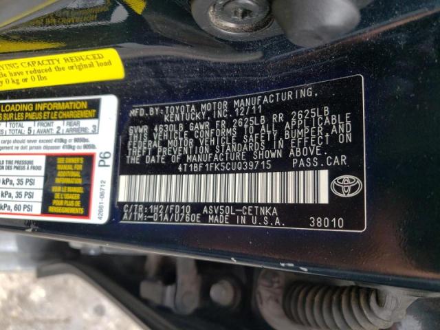 Photo 10 from auction – 2012 TOYOTA CAMRY BASE with VIN 4T1BF1FK5CU039715