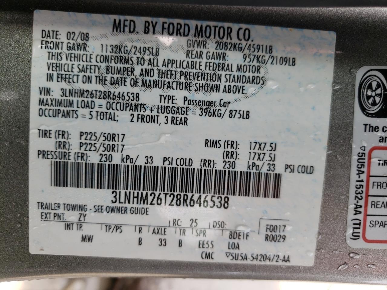 Photo 10 from auction – 2008 LINCOLN MKZ with VIN 3LNHM26T28R646538