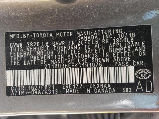 Photo 10 from auction – 2019 TOYOTA COROLLA L with VIN 2T1BURHE6KC191076