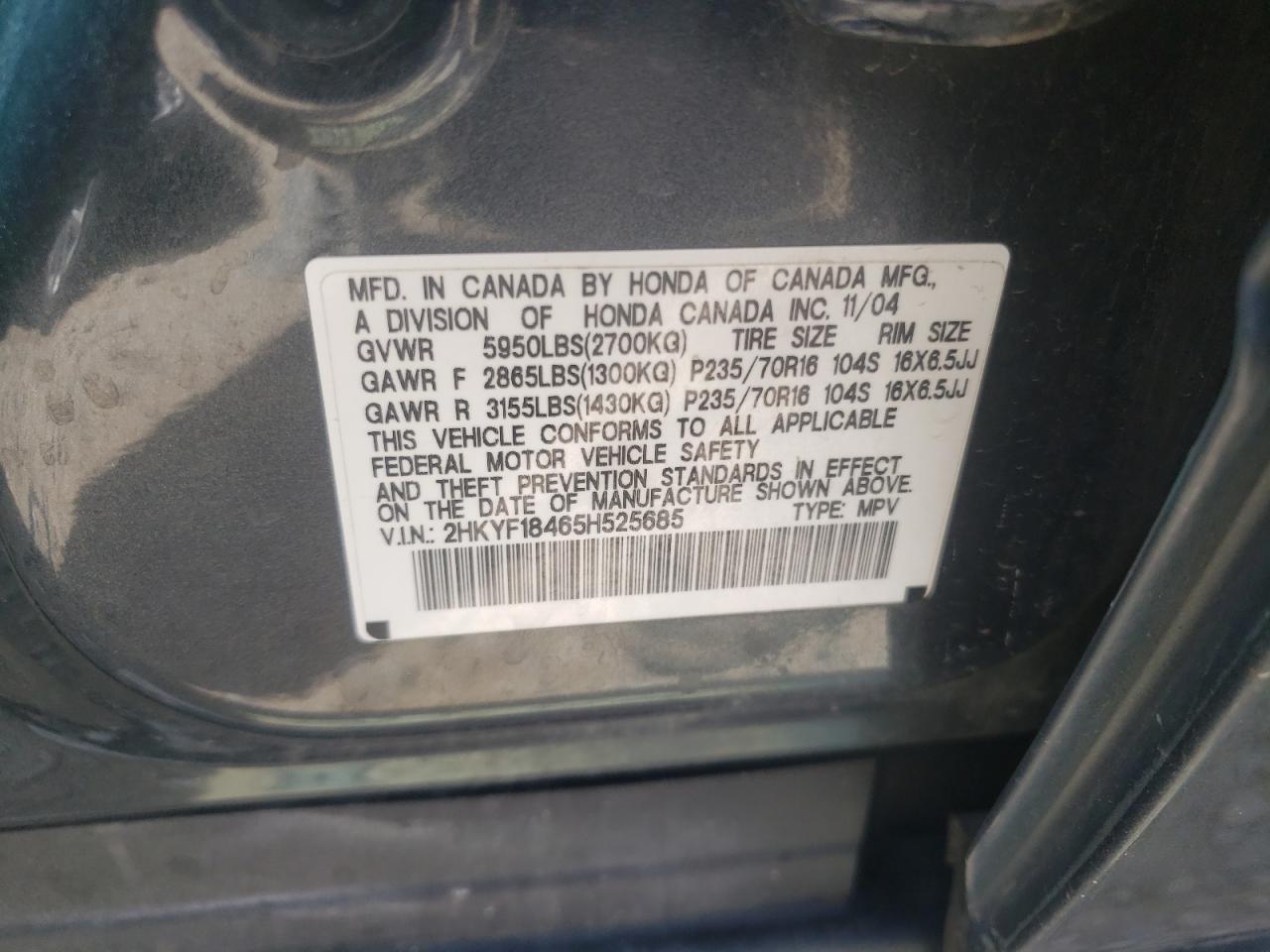 Photo 10 from auction – 2005 HONDA PILOT EX with VIN 2HKYF18465H525685