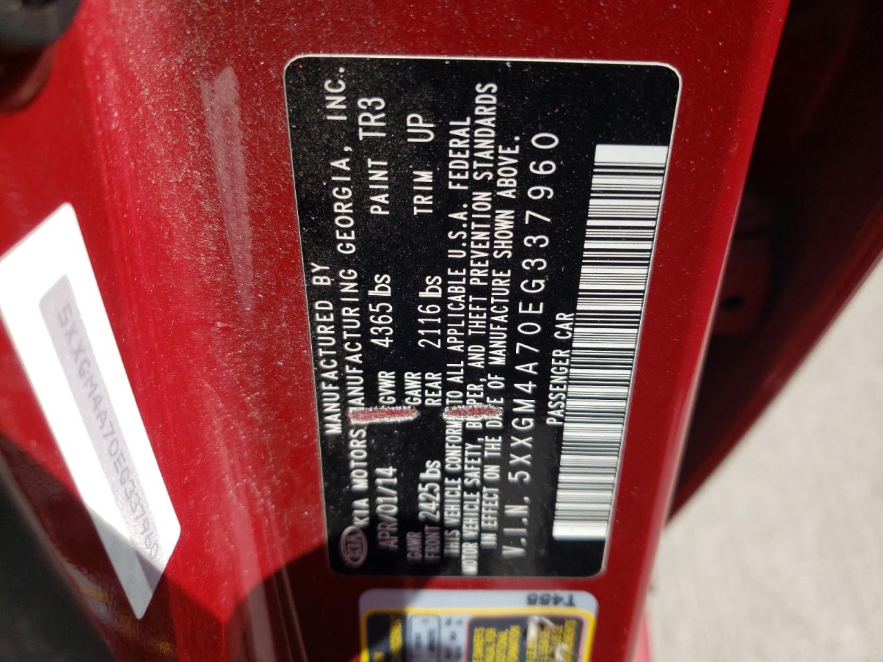 Photo 10 from auction – 2014 KIA OPTIMA LX with VIN 5XXGM4A70EG337960