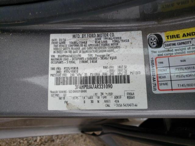 Photo 10 from auction – 2010 FORD FUSION with VIN 3FAHP0JA7AR331090
