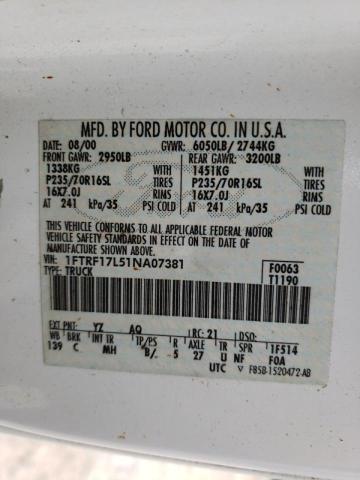 Zdjęcie 10 z aukcji – 2001 FORD F150 z VIN 1FTRF17L51NA07381