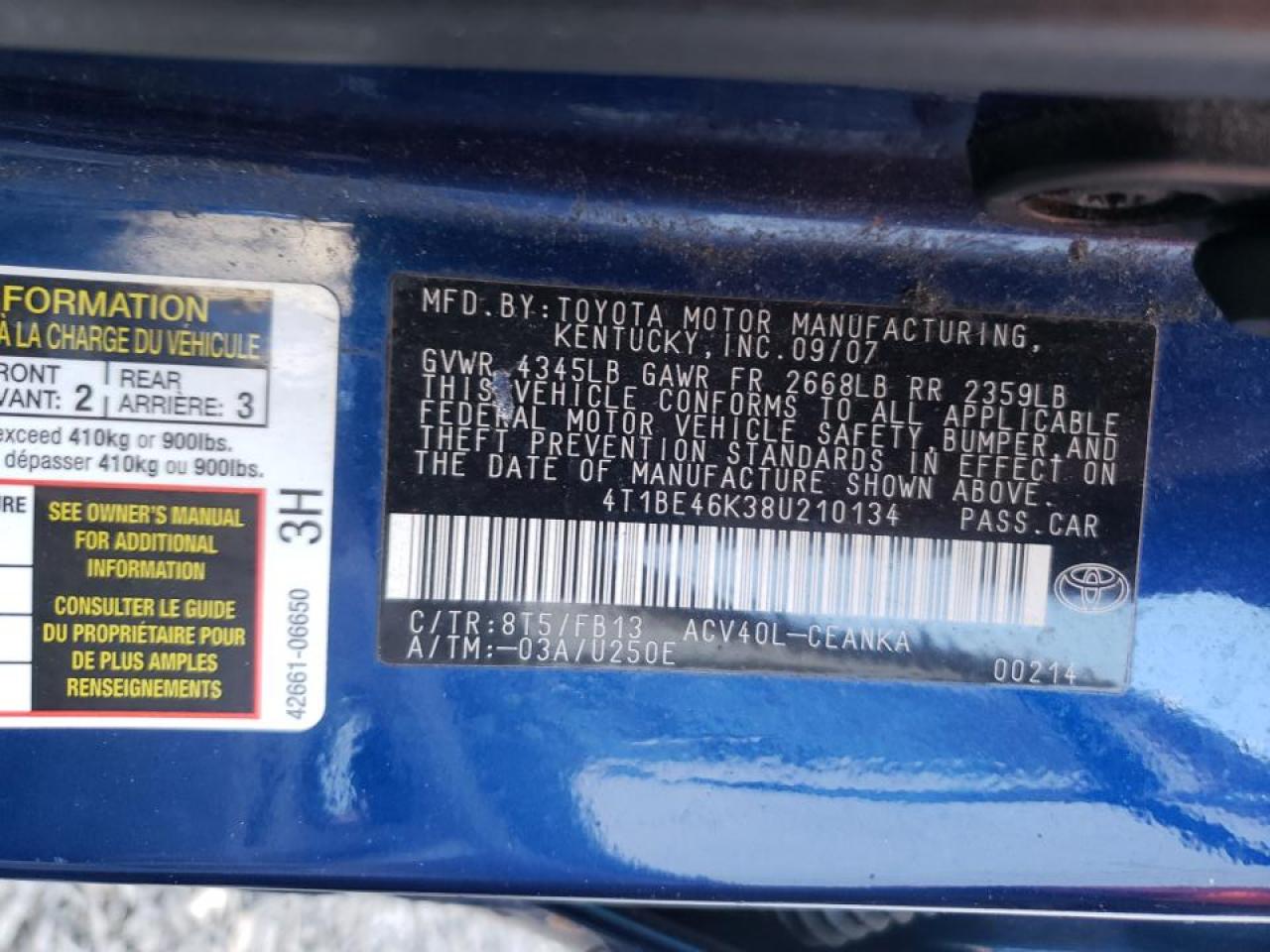Photo 10 from auction – 2008 TOYOTA CAMRY CE with VIN 4T1BE46K38U210134