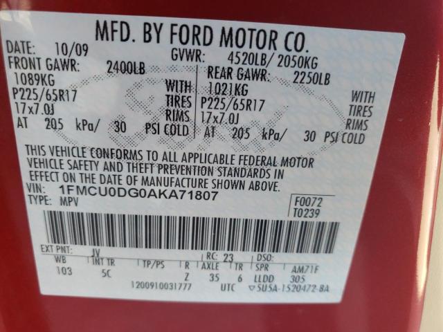 Photo 10 from auction – 2010 FORD ESCAPE XLT with VIN 1FMCU0DG0AKA71807