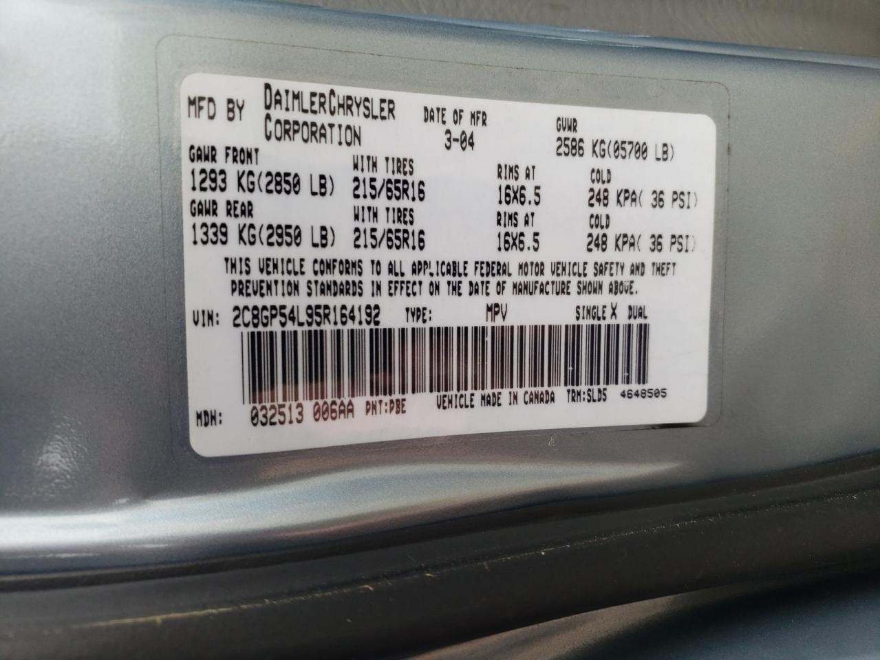 Photo 10 from auction – 2005 CHRYSLER TOWN & COU with VIN 2C8GP54L95R164192