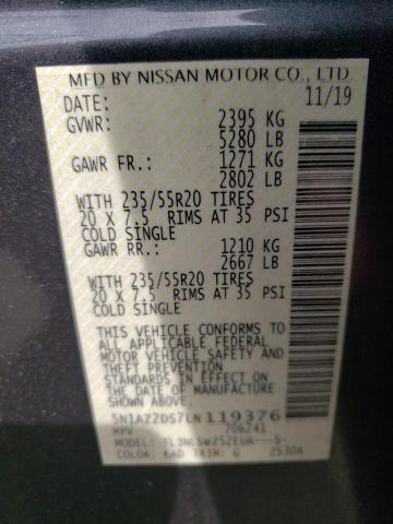 NISSAN MURANO PLA 2020 with VIN 5N1AZ2DS7LN119376 - Photo from auction