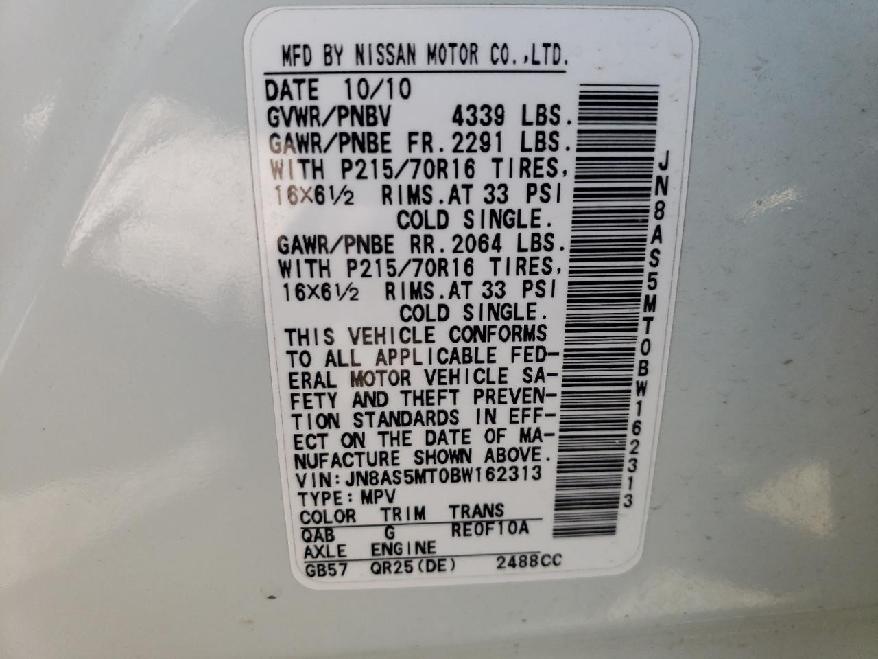 Photo 10 from auction – 2011 NISSAN ROGUE S with VIN JN8AS5MT0BW162313