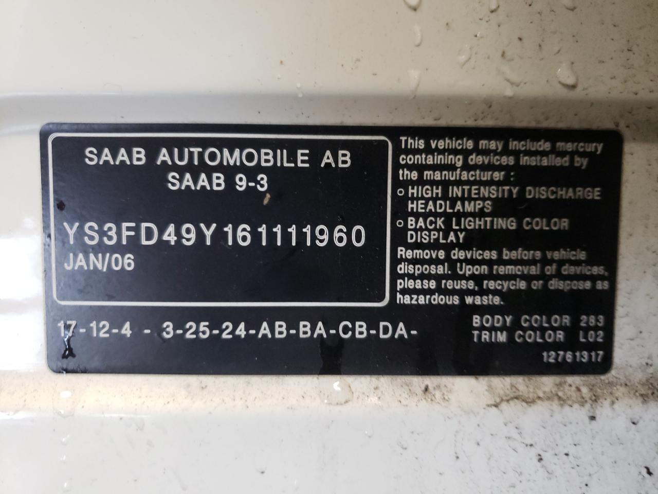 Photo 10 from auction – 2006 SAAB 9-3 with VIN YS3FD49Y161111960