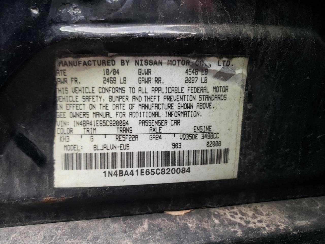 Photo 11 from auction – 2005 NISSAN MAXIMA SE with VIN 1N4BA41E65C820084