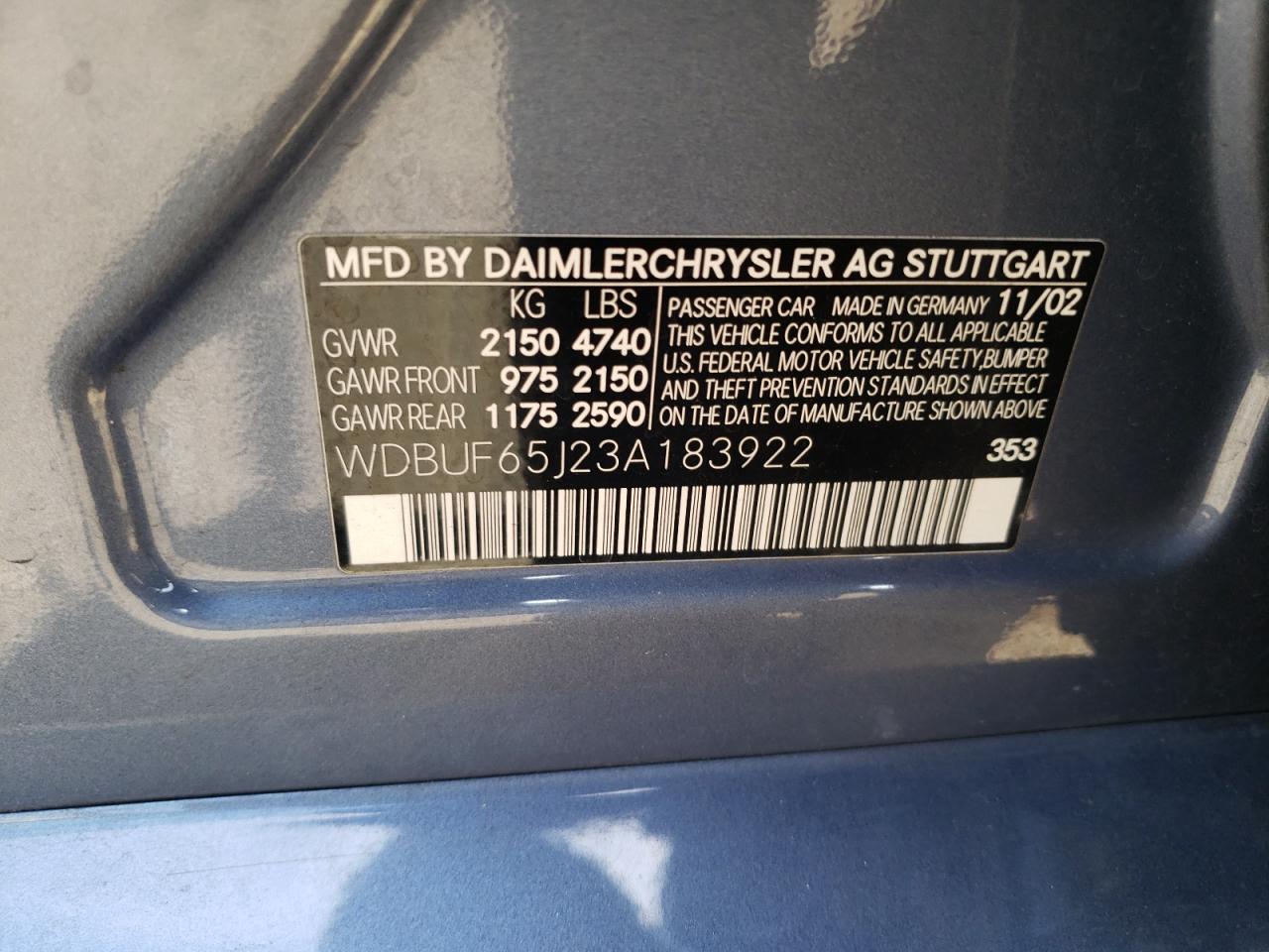 Photo 10 from auction – 2003 MERCEDES-BENZ E 320 with VIN WDBUF65J23A183922
