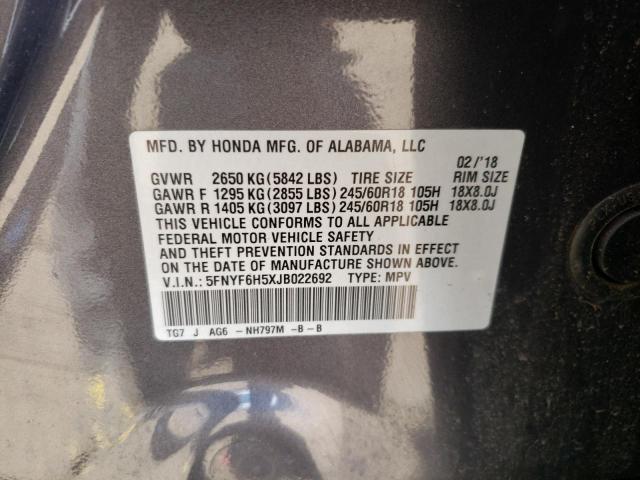Photo 10 from auction – 2018 HONDA PILOT EXL with VIN 5FNYF6H5XJB022692