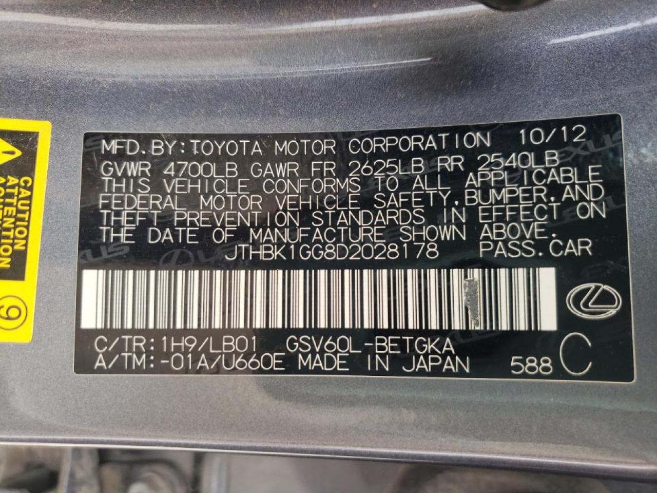 Photo 10 from auction – 2013 LEXUS ES 350 with VIN JTHBK1GG8D2028178
