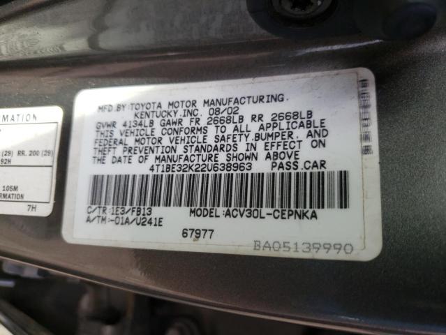 Photo 10 from auction – 2002 TOYOTA CAMRY with VIN 4T1BE32K22U638963