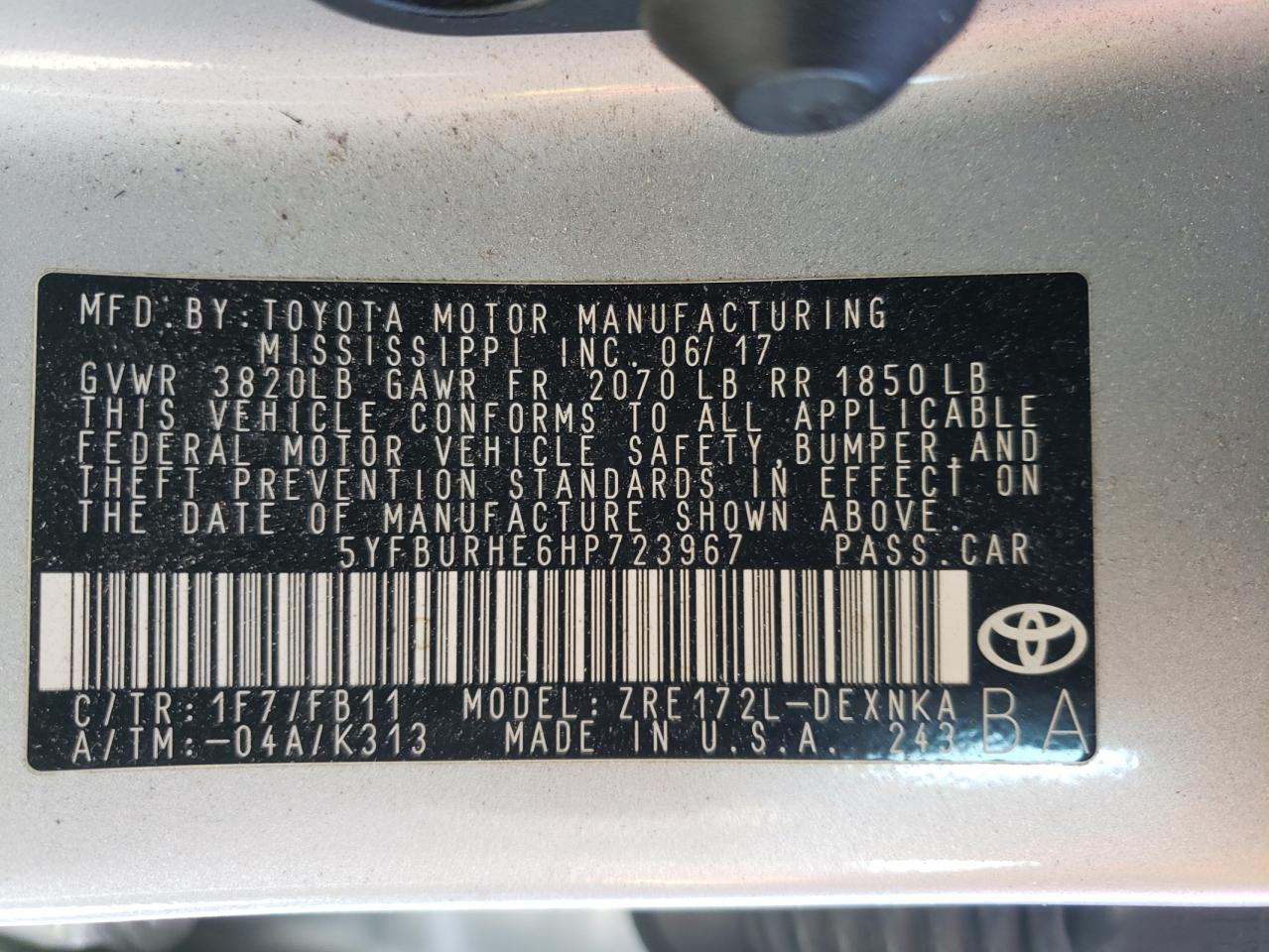 Photo 10 from auction – 2017 TOYOTA COROLLA L with VIN 5YFBURHE6HP723967