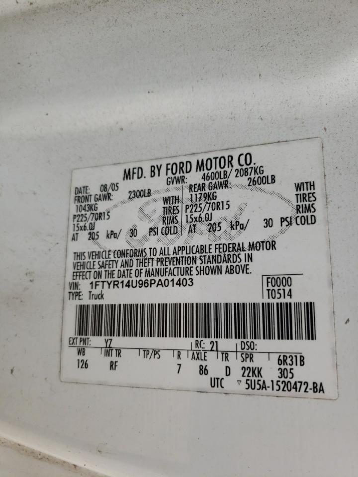 Photo 10 from auction – 2006 FORD RANGER SUP with VIN 1FTYR14U96PA01403