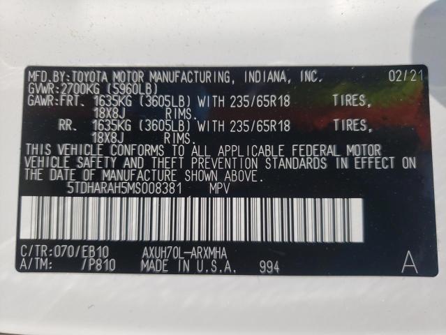 Photo 10 from auction – 2021 TOYOTA HIGHLANDER with VIN 5TDHARAH5MS008381