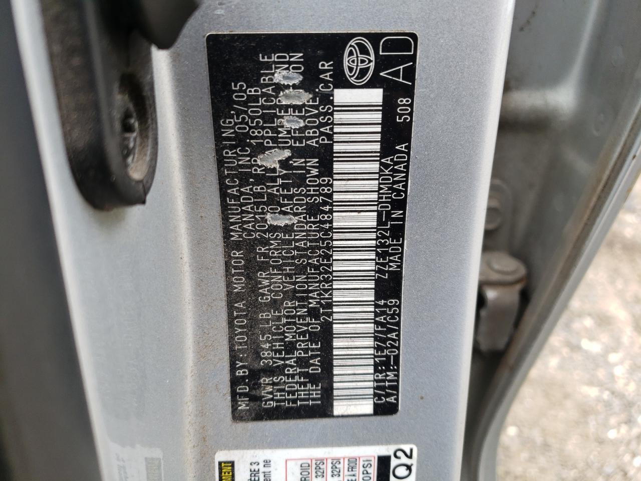 Photo 10 from auction – 2005 TOYOTA COROLLA MA with VIN 2T1KR32E25C484789