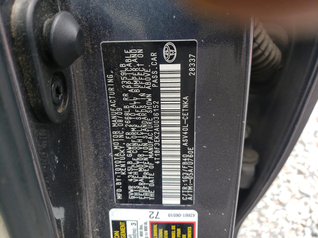 Photo 10 from auction – 2010 TOYOTA CAMRY BASE with VIN 4T1BF3EK2AU036152