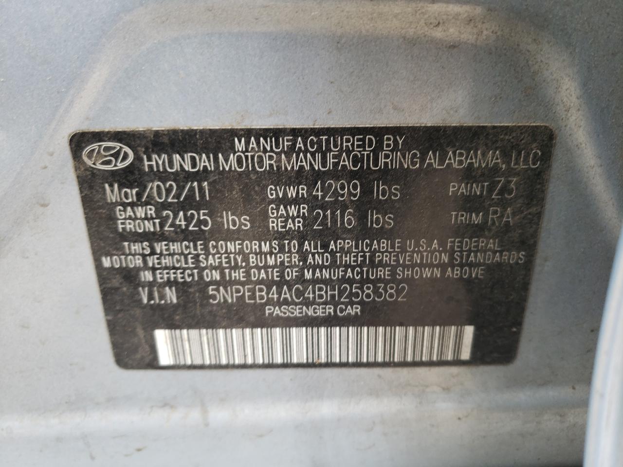 Photo 10 from auction – 2011 HYUNDAI SONATA GLS with VIN 5NPEB4AC4BH258382