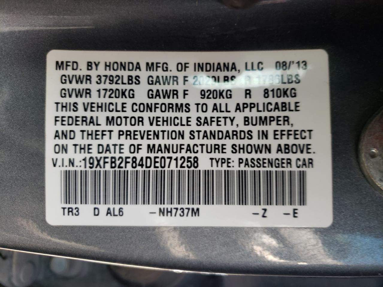 Photo 10 from auction – 2013 HONDA CIVIC EX with VIN 19XFB2F84DE071258